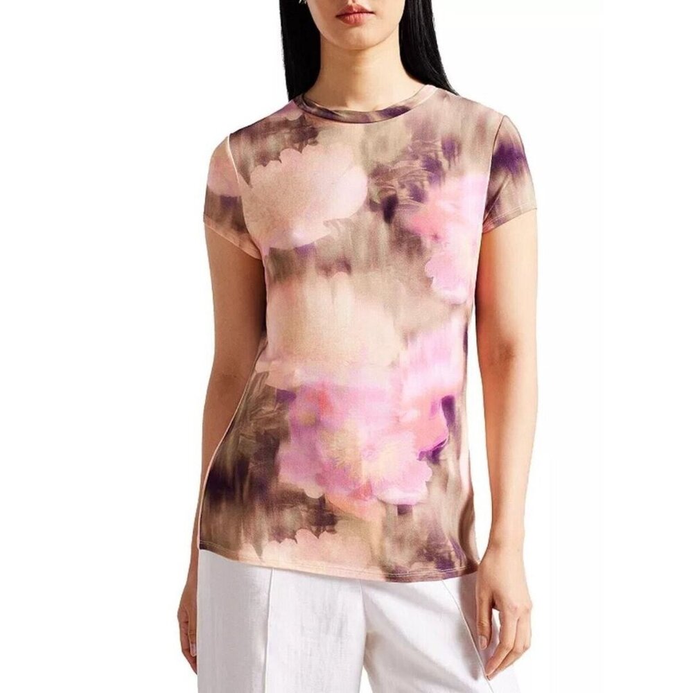 Ted Baker Yazmean Coral Pink Printed T-Shirt. Size 4.